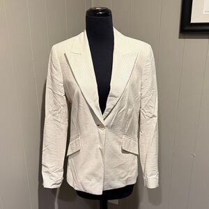 B19 Elie Tahari White Blue Pinstripes Padded Shoulders Textured Suit Jacket